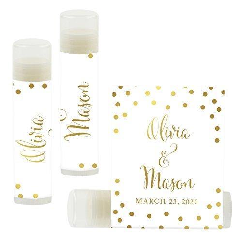 Custom Bridal Shower Bachelorette Party Lip Balm Favors, Brides Name and Date-Set of 12-Andaz Press-Metallic Gold Ink on White-