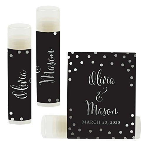 Custom Bridal Shower Bachelorette Party Lip Balm Favors, Brides Name and Date-Set of 12-Andaz Press-Metallic Silver Ink on Black-