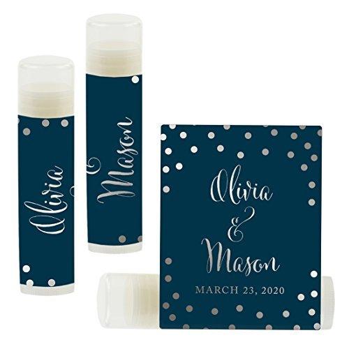Custom Bridal Shower Bachelorette Party Lip Balm Favors, Brides Name and Date-Set of 12-Andaz Press-Metallic Silver Ink on Navy Blue-