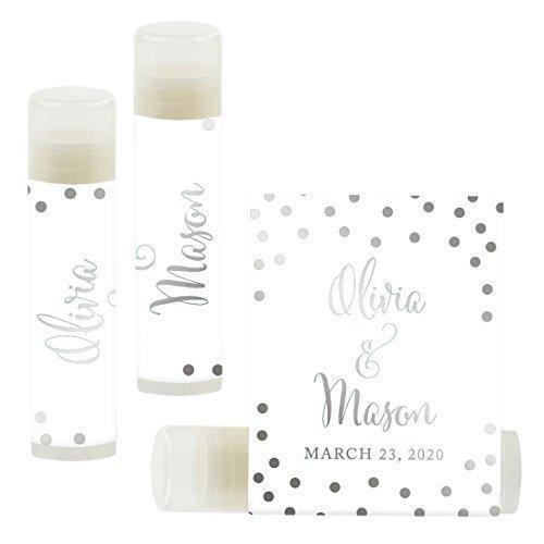 Custom Bridal Shower Bachelorette Party Lip Balm Favors, Brides Name and Date-Set of 12-Andaz Press-Metallic Silver Ink on White-