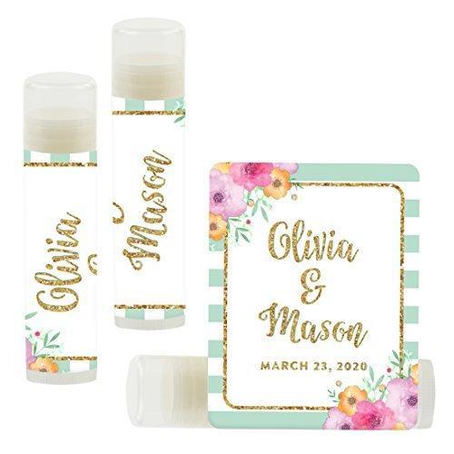 Custom Bridal Shower Bachelorette Party Lip Balm Favors, Brides Name and Date-Set of 12-Andaz Press-Mint Green Faux Gold Glitter-