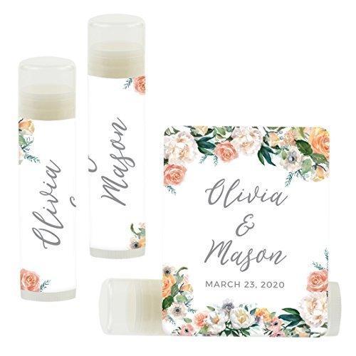 Custom Bridal Shower Bachelorette Party Lip Balm Favors, Brides Name and Date-Set of 12-Andaz Press-Peach Coral Floral Garden Party-