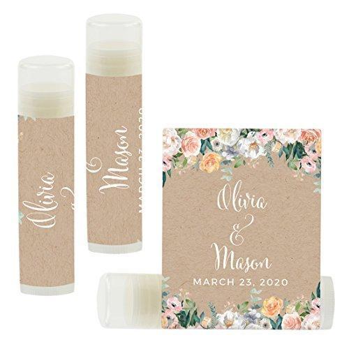 Custom Bridal Shower Bachelorette Party Lip Balm Favors, Brides Name and Date-Set of 12-Andaz Press-Peach Kraft Brown Rustic Floral Garden Party-