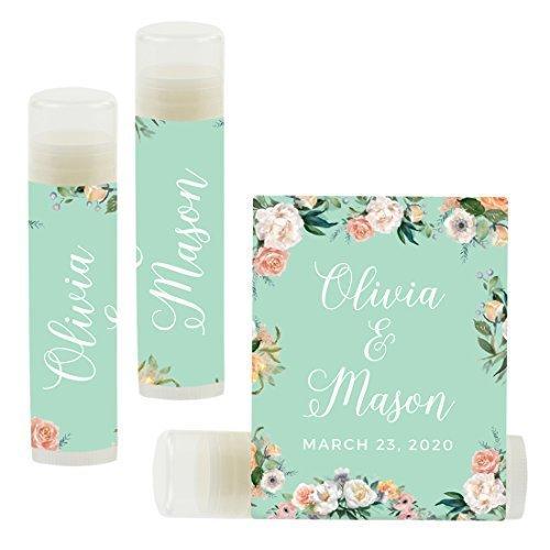 Custom Bridal Shower Bachelorette Party Lip Balm Favors, Brides Name and Date-Set of 12-Andaz Press-Peach Mint Green Floral Garden Party-