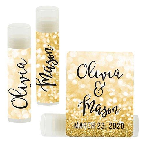 Custom Bridal Shower Bachelorette Party Lip Balm Favors, Brides Name and Date-Set of 12-Andaz Press-Faux Gold Glitter Shimmer-