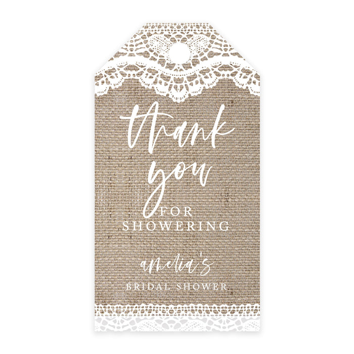 Custom Bridal Shower Favor Tags with Bakers Twine Custom Cardstock Thank you for Showering Gift Tags-Set of 100-Andaz Press-Burlap Lace-
