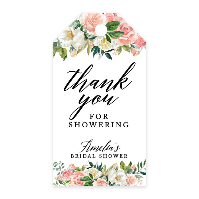 Custom Bridal Shower Favor Tags with Bakers Twine Custom Cardstock Thank you for Showering Gift Tags-Set of 100-Andaz Press-Peach Coral Floral Garden-