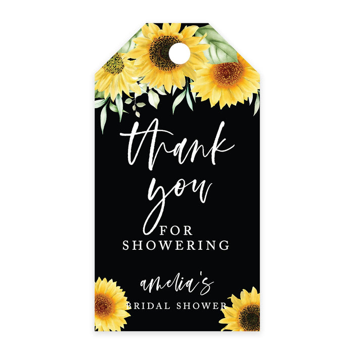 Custom Bridal Shower Favor Tags with Bakers Twine Custom Cardstock Thank you for Showering Gift Tags-Set of 100-Andaz Press-Sunflowers with Black Background-