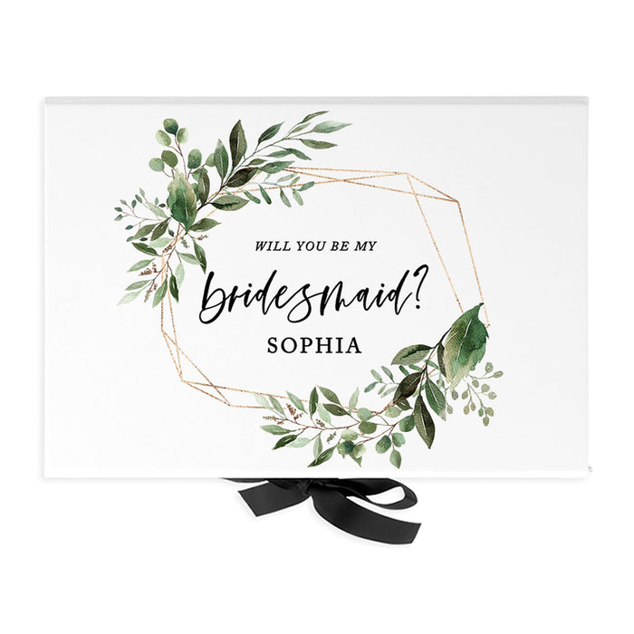 Custom Bridesmaid Proposal Box with Lids, White Gift Box with Ribbon - 24 Designs-Set of 1-Andaz Press-Will You Be My Bridesmaid? Geometric Greenery-
