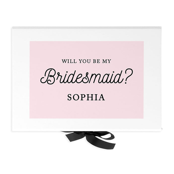 Custom Bridesmaid Proposal Box with Lids, White Gift Box with Ribbon - 24 Designs-Set of 1-Andaz Press-Will You Be My Bridesmaid? Pink Background-