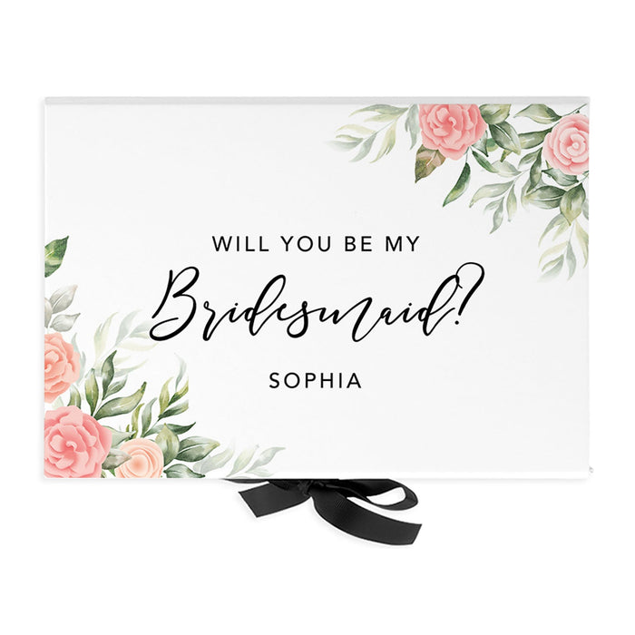 Custom Bridesmaid Proposal Box with Lids, White Gift Box with Ribbon - 24 Designs-Set of 1-Andaz Press-Will You Be My Bridesmaid? Pink Peach Roses-