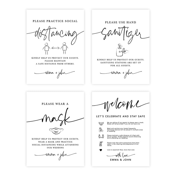 Custom Distance Wedding Party Signs, Welcome Let's Celebrate and Stay Safe-Set of 4-Andaz Press-Use Hand Sanitizer-