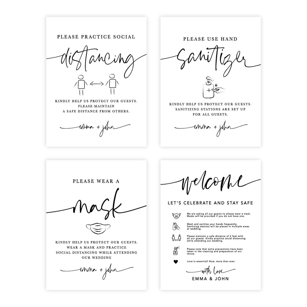 Custom Distance Wedding Party Signs, Welcome Let's Celebrate and Stay Safe-Set of 4-Andaz Press-Use Hand Sanitizer-