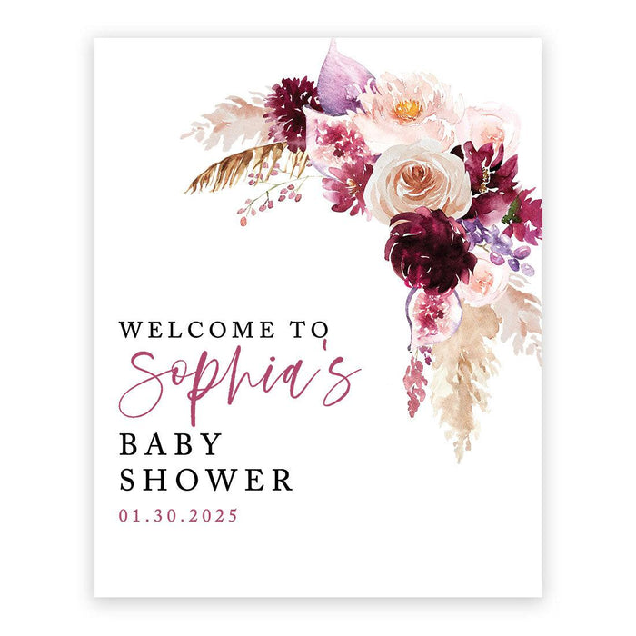 Custom Fall Baby Shower Canvas Welcome Signs-Set of 1-Andaz Press-Boho Burgundy Blush Florals-