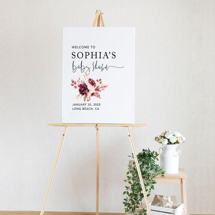 Custom Fall Baby Shower Canvas Welcome Signs-Set of 1-Andaz Press-Boho Burgundy Blush Florals-