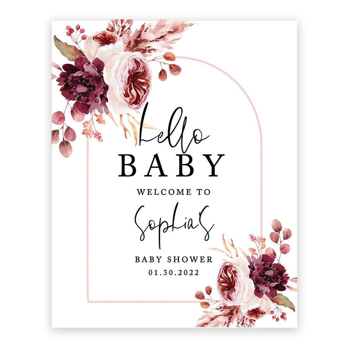 Custom Fall Baby Shower Canvas Welcome Signs-Set of 1-Andaz Press-Boho Arch with Burgundy Blush Florals-