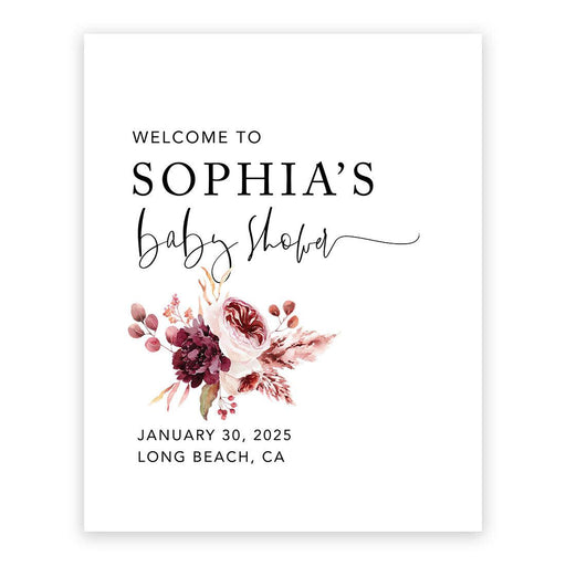 Custom Fall Baby Shower Canvas Welcome Signs-Set of 1-Andaz Press-Boho Burgundy Blush Florals-