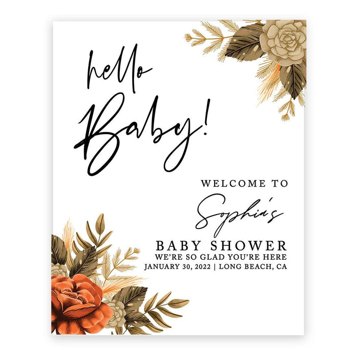 Custom Fall Baby Shower Canvas Welcome Signs-Set of 1-Andaz Press-Fall Burnt Orange Florals-