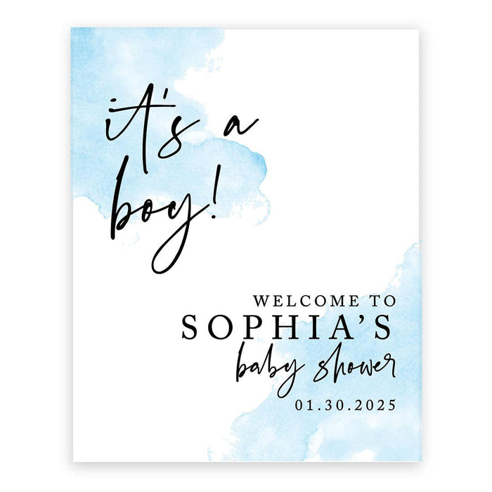Custom Fall Baby Shower Canvas Welcome Signs-Set of 1-Andaz Press-It's A Boy! Watercolor Blue-