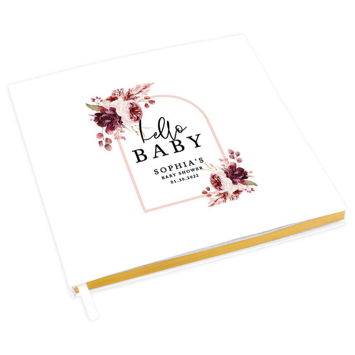 Custom Fall Baby Shower Guestbook with Gold Accents-Set of 1-Andaz Press-Boho Arch with Burgundy Blush Florals-