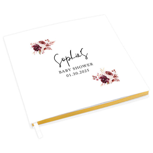 Custom Fall Baby Shower Guestbook with Gold Accents-Set of 1-Andaz Press-Boho Burgundy Blush Florals-