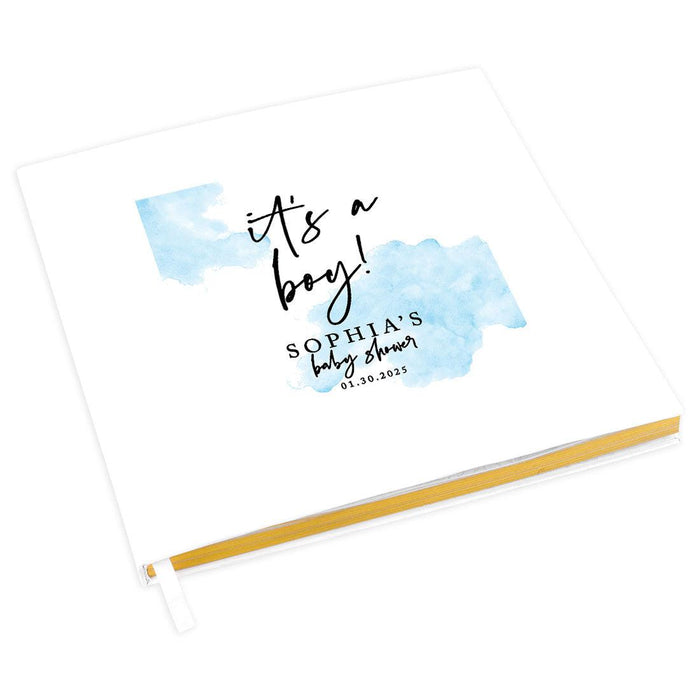 Custom Fall Baby Shower Guestbook with Gold Accents-Set of 1-Andaz Press-It's A Boy! Watercolor Blue-