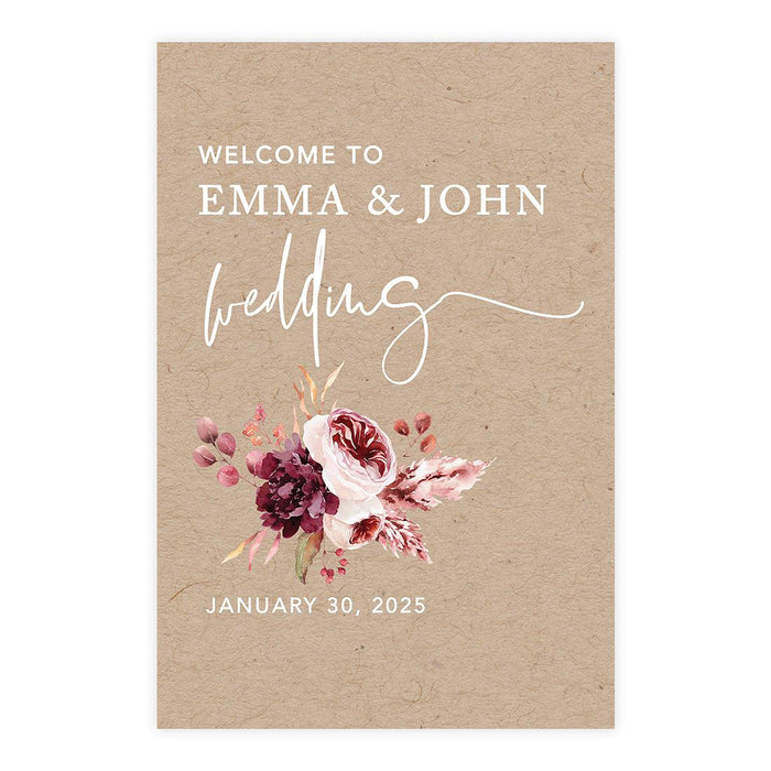 Custom Fall Kraft Paper Wedding Welcome Signs-Set of 1-Andaz Press-Burgundy Blush Florals-