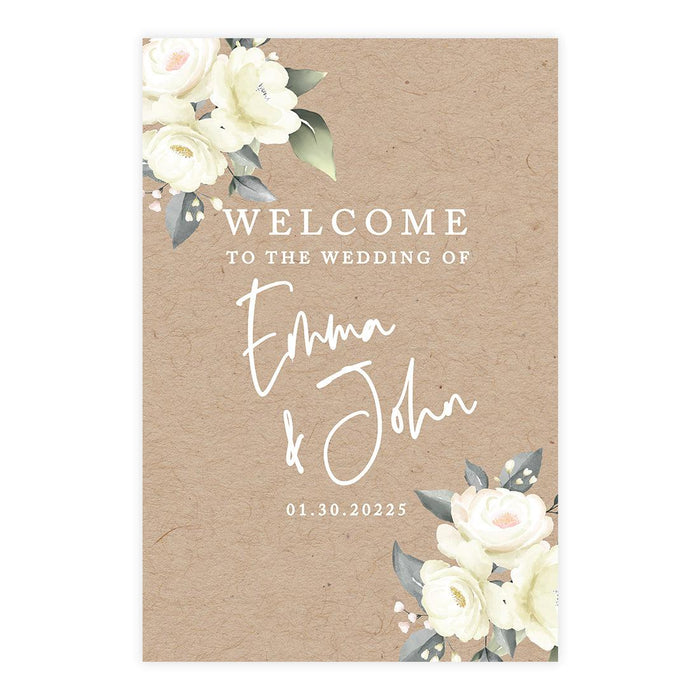 Custom Fall Kraft Paper Wedding Welcome Signs-Set of 1-Andaz Press-Ivory Florals-