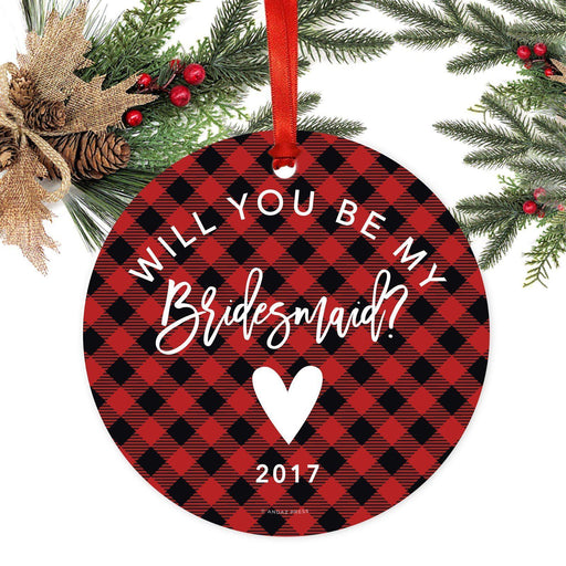 Custom Family Metal Christmas Ornament, Country Lumberjack Buffalo Red Plaid, Design 2-Set of 1-Andaz Press-Will You Be Bridesmaid-