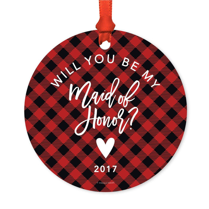 Custom Family Metal Christmas Ornament, Country Lumberjack Buffalo Red Plaid, Design 2-Set of 1-Andaz Press-Will You Be Bridesmaid-