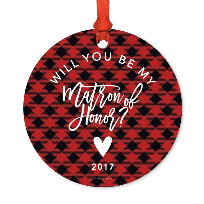 Custom Family Metal Christmas Ornament, Country Lumberjack Buffalo Red Plaid, Design 2-Set of 1-Andaz Press-Will You Be Bridesmaid-
