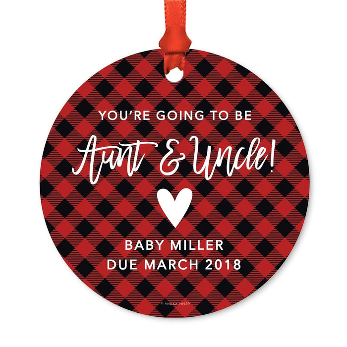 Custom Family Metal Christmas Ornament, Country Lumberjack Buffalo Red Plaid, Design 2-Set of 1-Andaz Press-Aunt Uncle Going To Be-