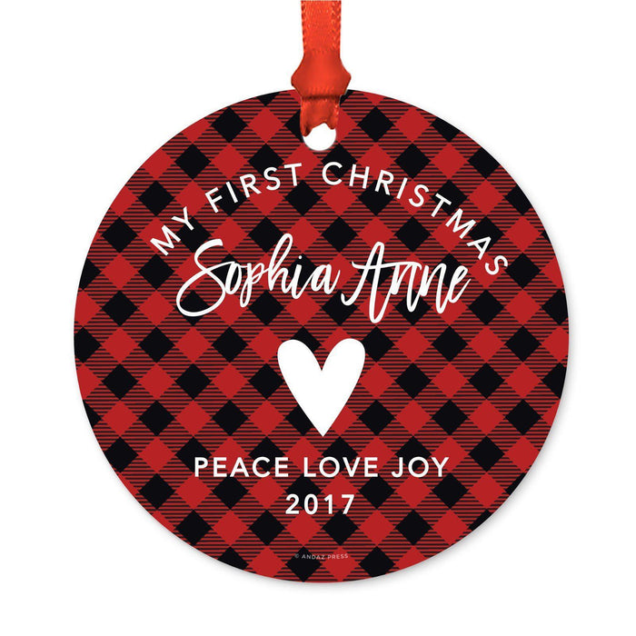 Custom Family Metal Christmas Ornament, Country Lumberjack Buffalo Red Plaid, Design 2-Set of 1-Andaz Press-Baby First Christmas-