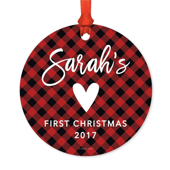 Custom Family Metal Christmas Ornament, Country Lumberjack Buffalo Red Plaid, Design 2-Set of 1-Andaz Press-Baby Name-