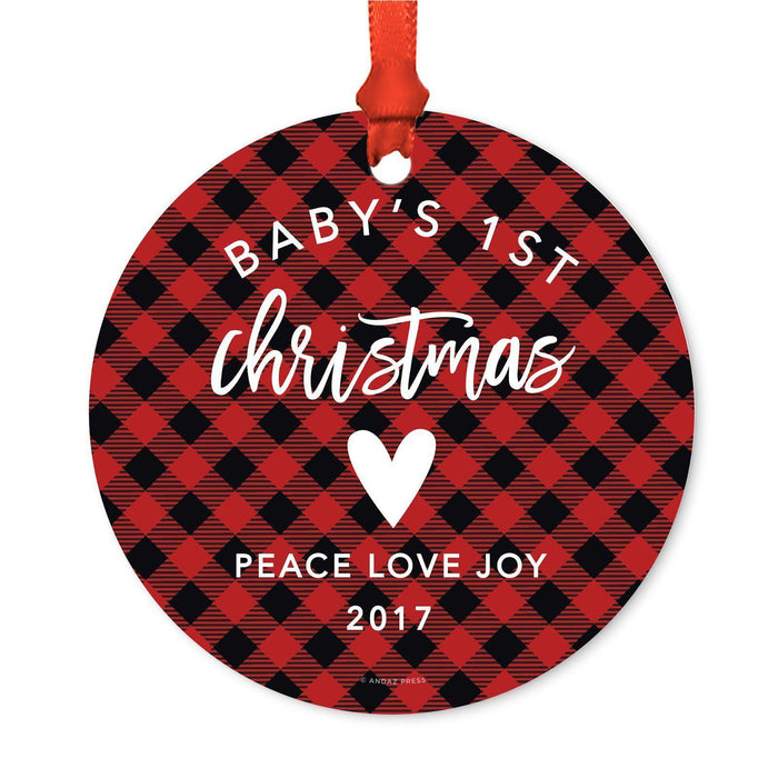 Custom Family Metal Christmas Ornament, Country Lumberjack Buffalo Red Plaid, Design 2-Set of 1-Andaz Press-Baby's 1st Christmas-