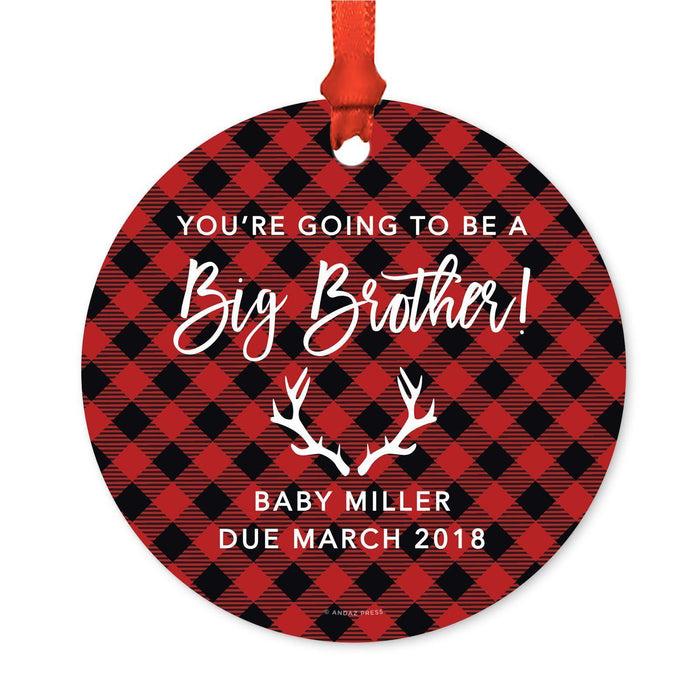 Custom Family Metal Christmas Ornament, Country Lumberjack Buffalo Red Plaid, Design 2-Set of 1-Andaz Press-Brother Going To Be-