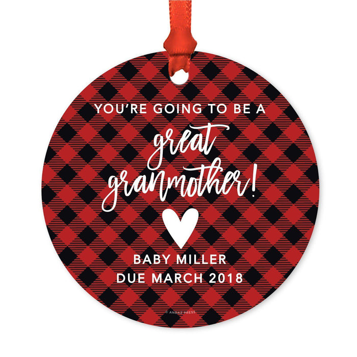 Custom Family Metal Christmas Ornament, Country Lumberjack Buffalo Red Plaid, Design 2-Set of 1-Andaz Press-Grandmother Going To Be-