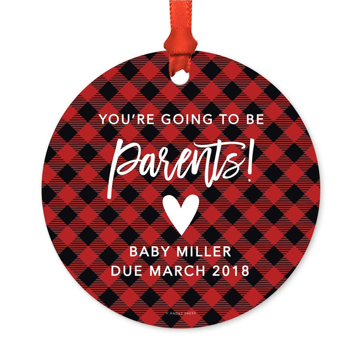 Custom Family Metal Christmas Ornament, Country Lumberjack Buffalo Red Plaid, Design 2-Set of 1-Andaz Press-Parents Going To Be-
