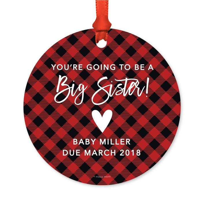 Custom Family Metal Christmas Ornament, Country Lumberjack Buffalo Red Plaid, Design 2-Set of 1-Andaz Press-Sister Going To Be-