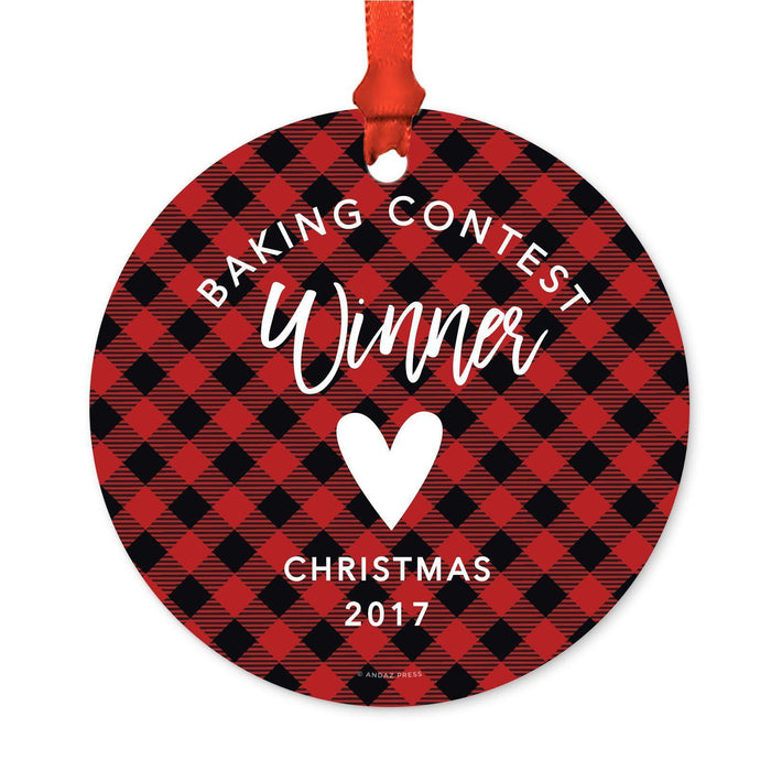 Custom Family Metal Christmas Ornament, Country Lumberjack Buffalo Red Plaid, Design 2-Set of 1-Andaz Press-Winner Baking Contest-
