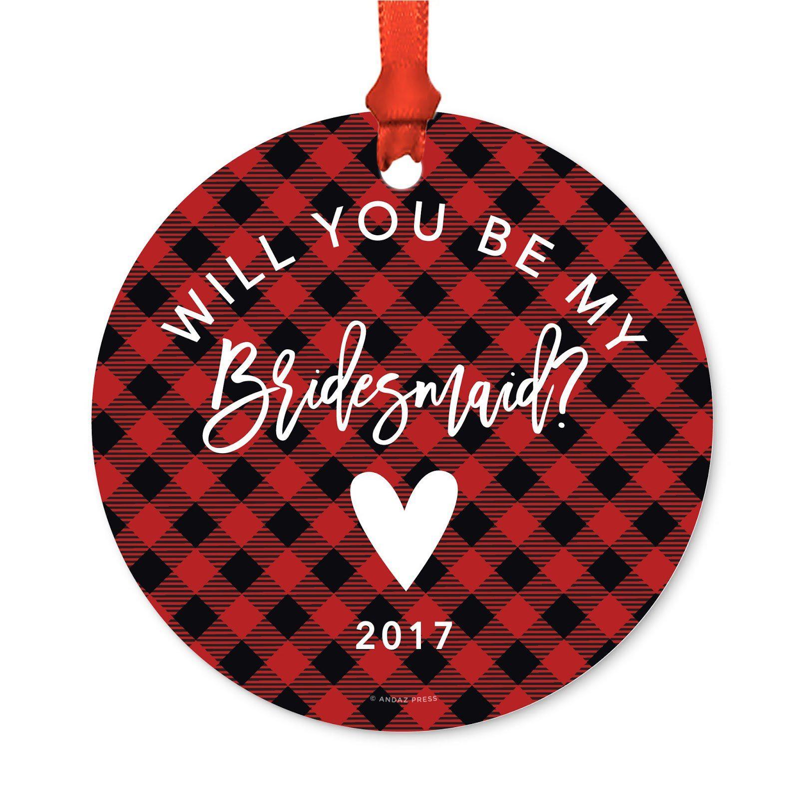 Custom Family Metal Christmas Ornament, Country Lumberjack Buffalo Red Plaid, Design 2-Set of 1-Andaz Press-Will You Be Bridesmaid-