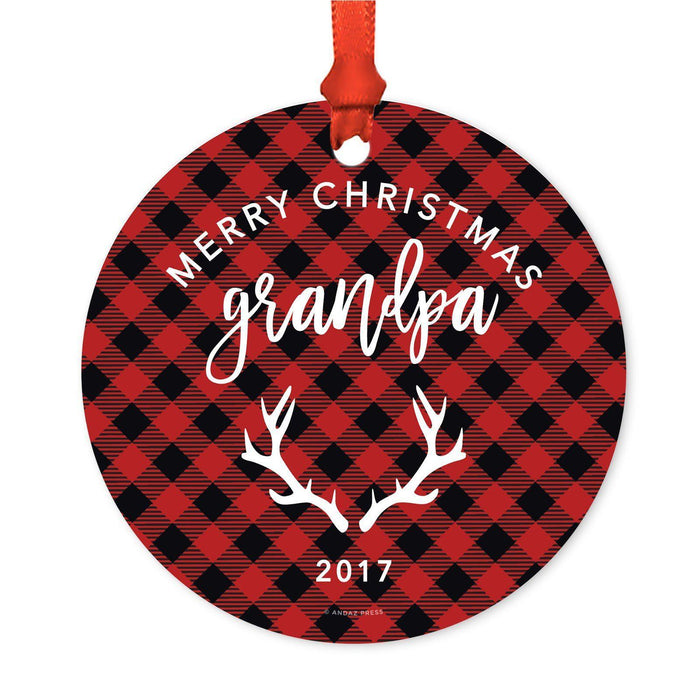 Custom Family Metal Christmas Ornament, Country Lumberjack Buffalo Red Plaid, Includes Ribbon and Gift Bag, Design 1-Set of 1-Andaz Press-Mom Dad-