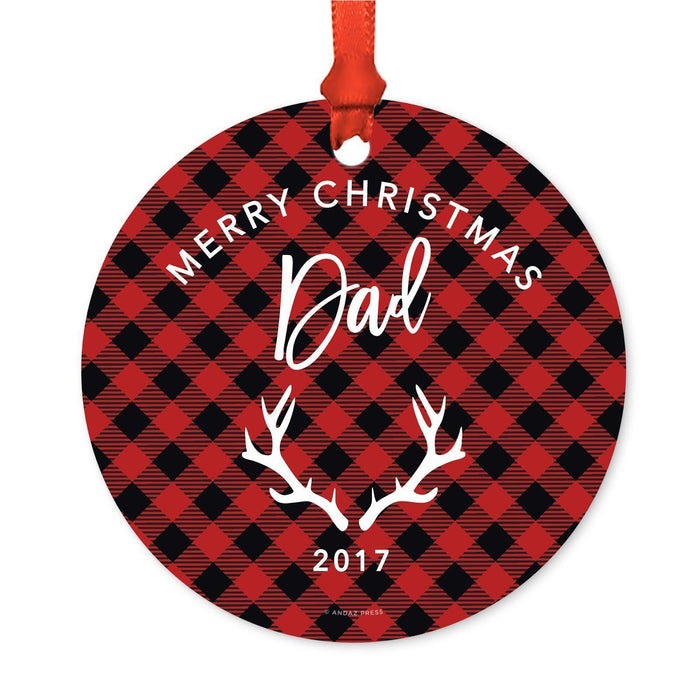 Custom Family Metal Christmas Ornament, Country Lumberjack Buffalo Red Plaid, Includes Ribbon and Gift Bag, Design 1-Set of 1-Andaz Press-Mom Dad-