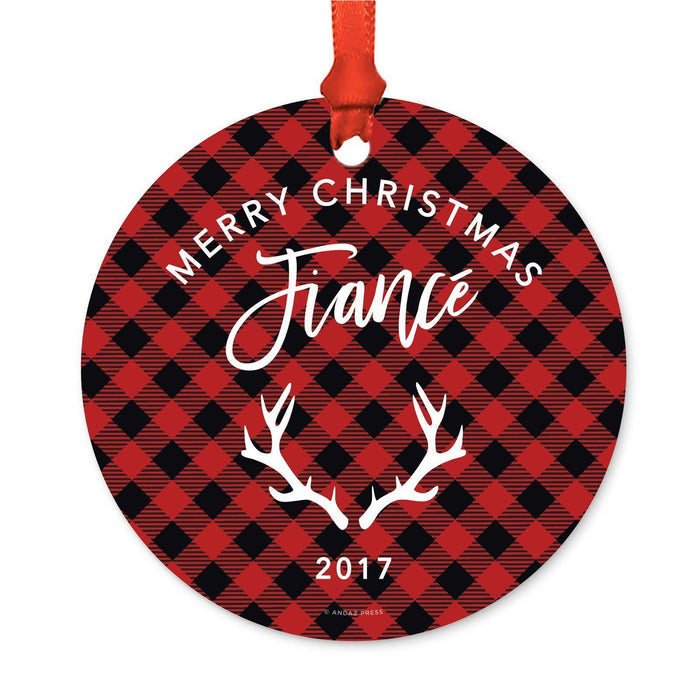 Custom Family Metal Christmas Ornament, Country Lumberjack Buffalo Red Plaid, Includes Ribbon and Gift Bag, Design 1-Set of 1-Andaz Press-Mom Dad-