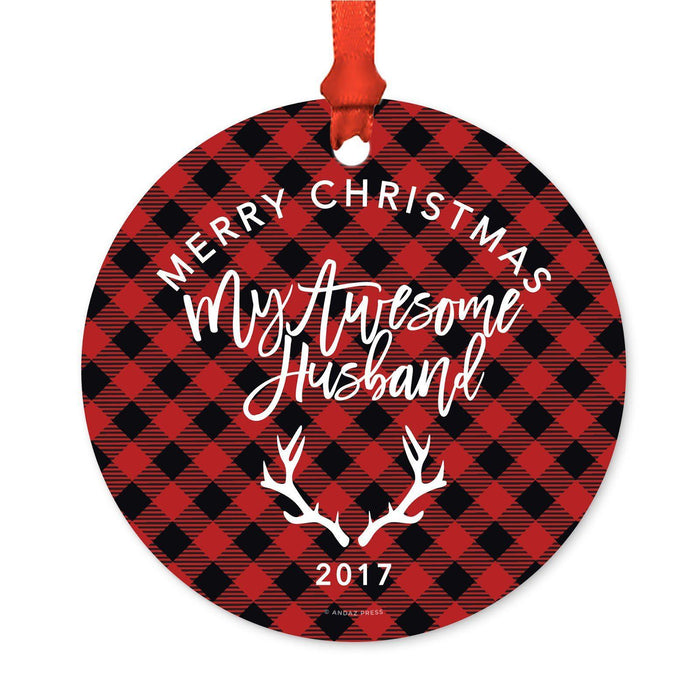 Custom Family Metal Christmas Ornament, Country Lumberjack Buffalo Red Plaid, Includes Ribbon and Gift Bag, Design 1-Set of 1-Andaz Press-Mom Dad-