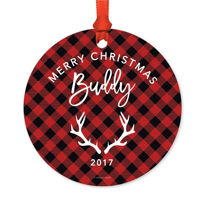 Custom Family Metal Christmas Ornament, Country Lumberjack Buffalo Red Plaid, Includes Ribbon and Gift Bag, Design 1-Set of 1-Andaz Press-Mom Dad-