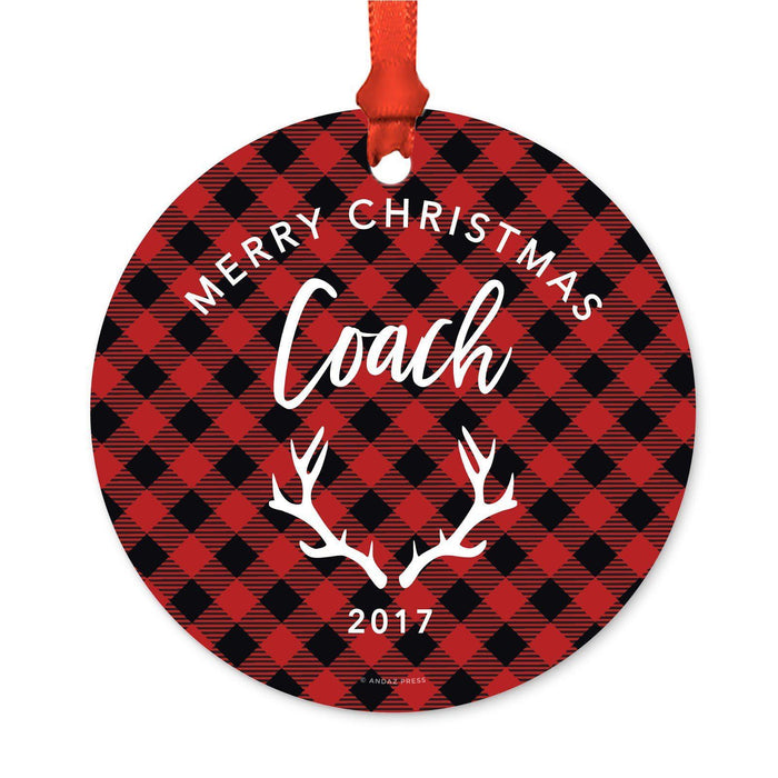 Custom Family Metal Christmas Ornament, Country Lumberjack Buffalo Red Plaid, Includes Ribbon and Gift Bag, Design 1-Set of 1-Andaz Press-Mom Dad-
