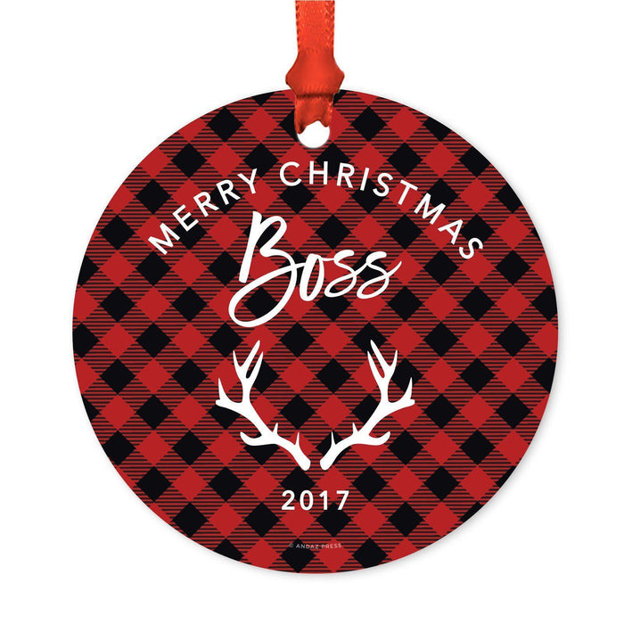 Custom Family Metal Christmas Ornament, Country Lumberjack Buffalo Red Plaid, Includes Ribbon and Gift Bag, Design 1-Set of 1-Andaz Press-Mom Dad-