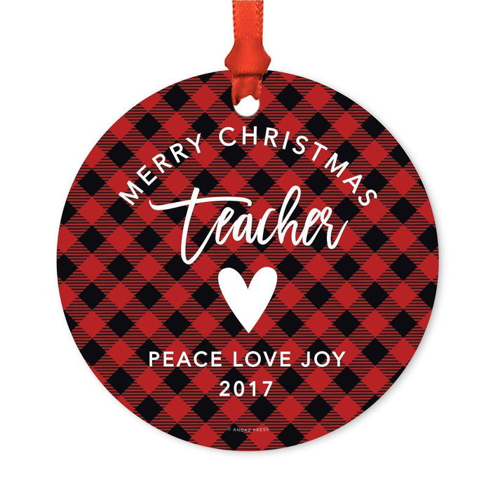 Custom Family Metal Christmas Ornament, Country Lumberjack Buffalo Red Plaid, Includes Ribbon and Gift Bag, Design 1-Set of 1-Andaz Press-Mom Dad-