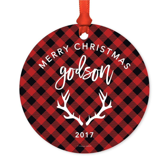 Custom Family Metal Christmas Ornament, Country Lumberjack Buffalo Red Plaid, Includes Ribbon and Gift Bag, Design 1-Set of 1-Andaz Press-Mom Dad-